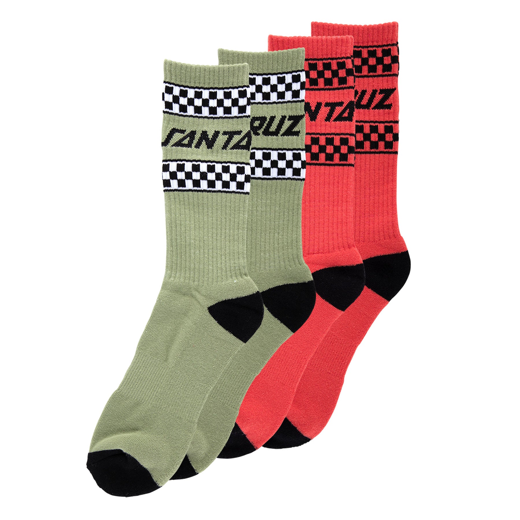 Two pairs of socks, one green and one red with black and white checkered patterns and text, on a white background.
