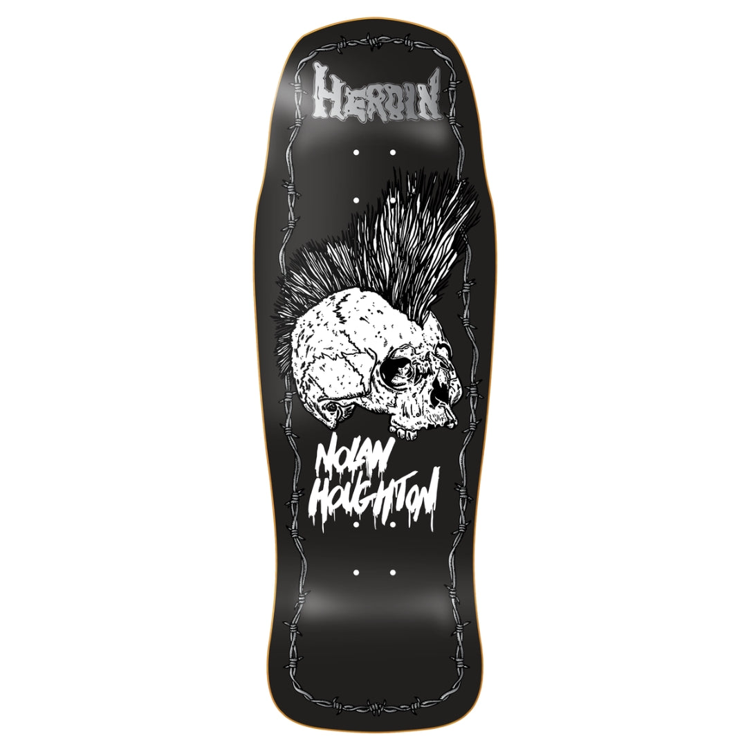 Skateboard deck with skull design and branding on a white background