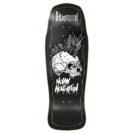 Skateboard deck with skull design and branding on a white background