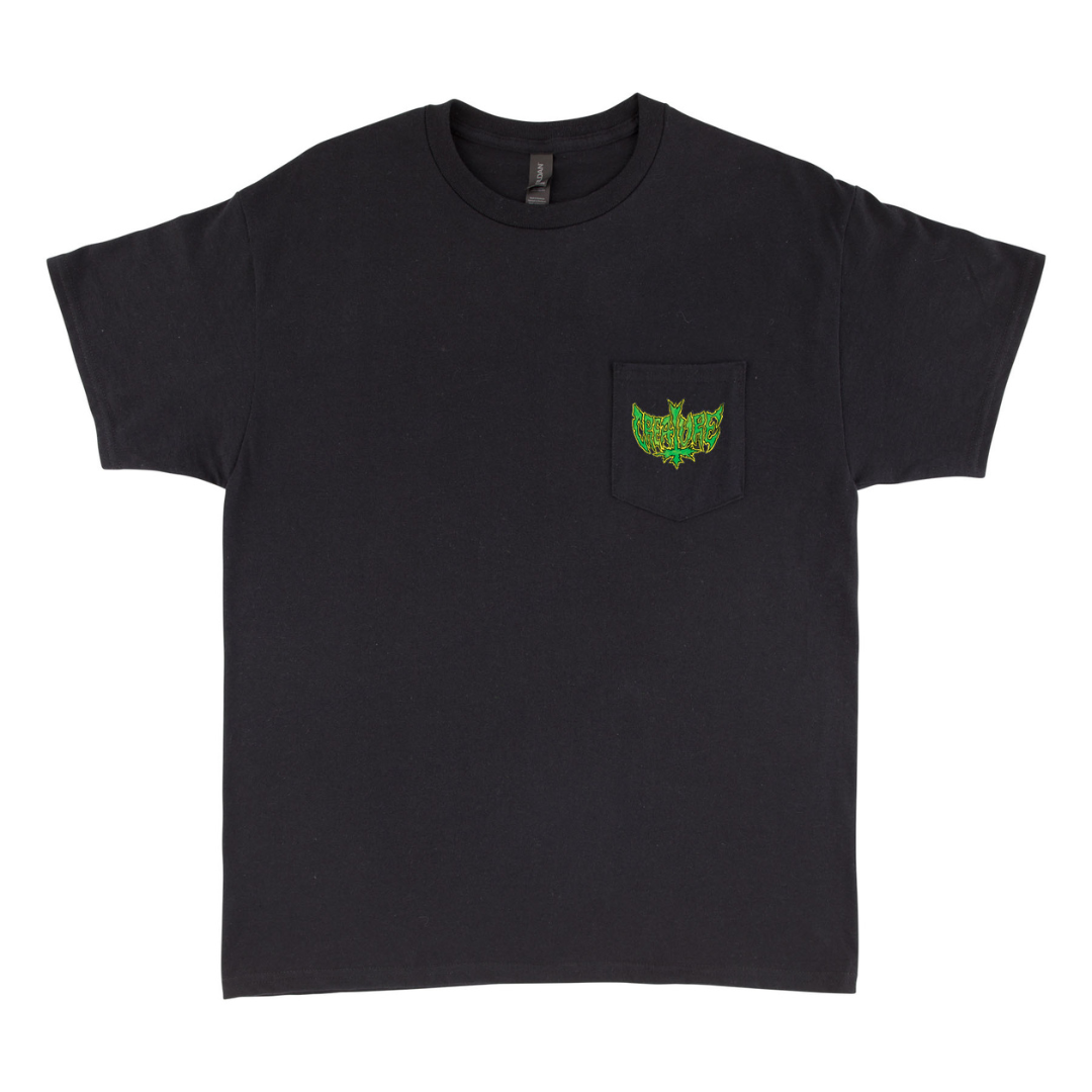 Black t-shirt with a green pocket design on a white background