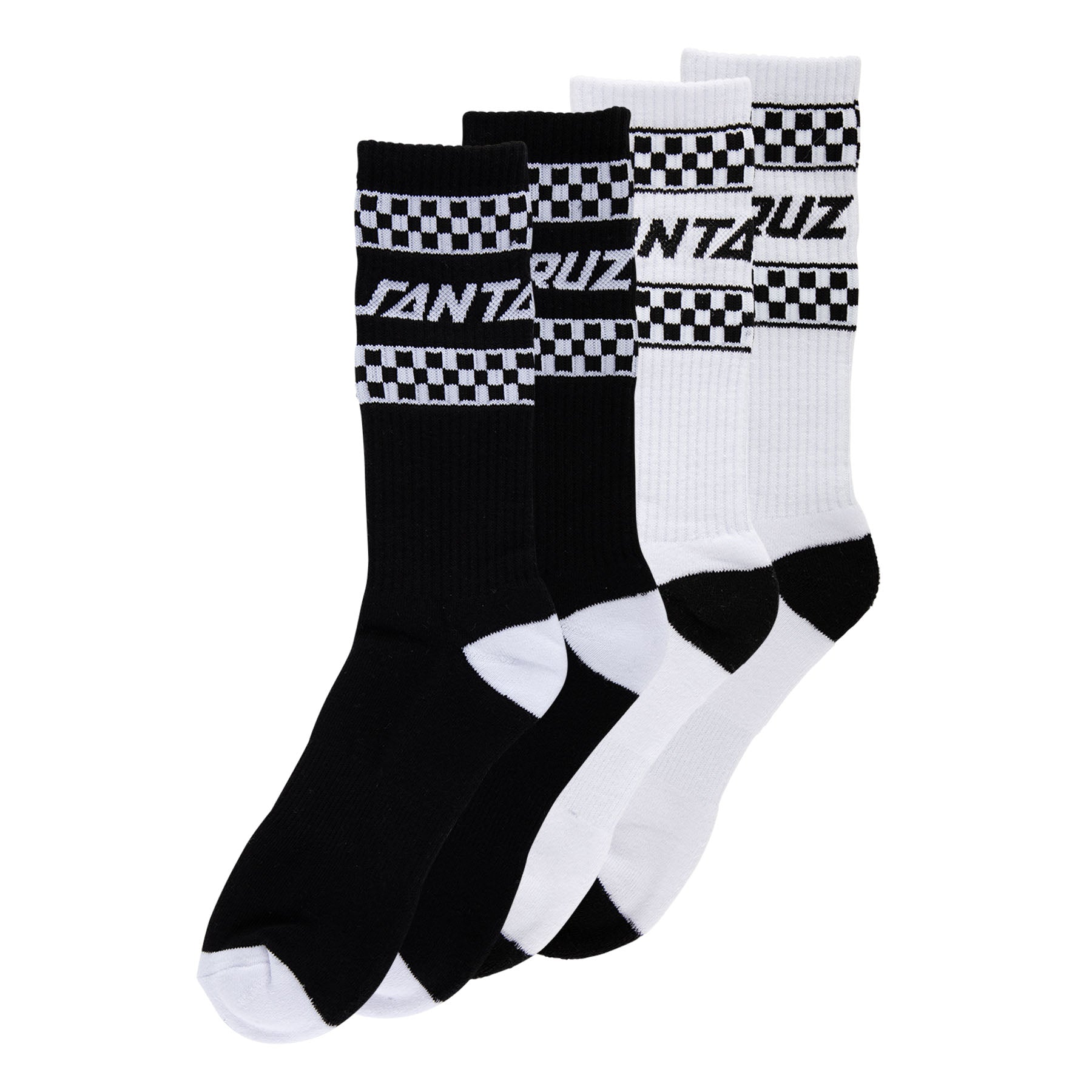 Pair of black and white socks with checkered pattern and branding on a white background