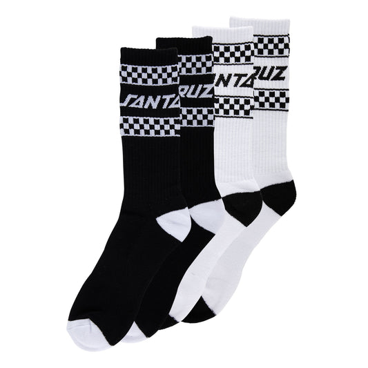 Pair of black and white socks with checkered pattern and branding on a white background
