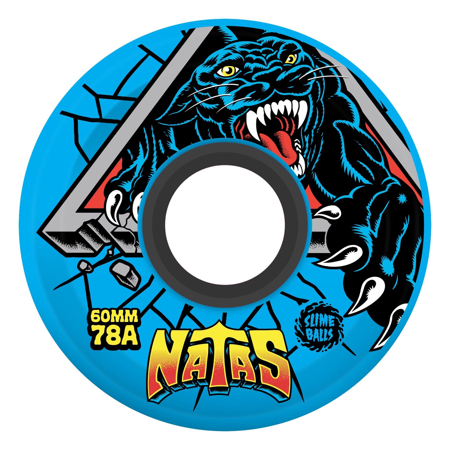 Skateboard wheel with a panther design and 'Natas' branding on a blue background