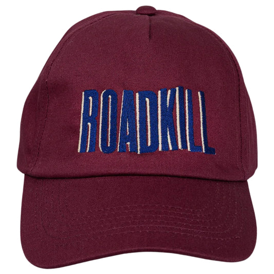 Maroon cap with 'ROADKILL' text in blue and white on a white background