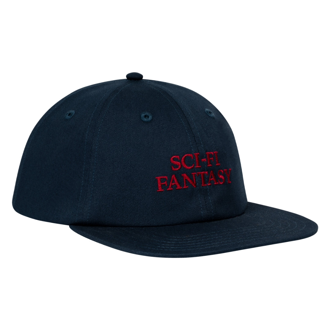 Navy blue cap with 'SCI-FI FANTASY' in red text on a white background