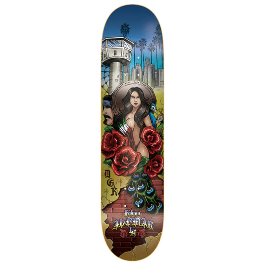 Skateboard deck with artistic design of a woman, roses, and a tower on a white background