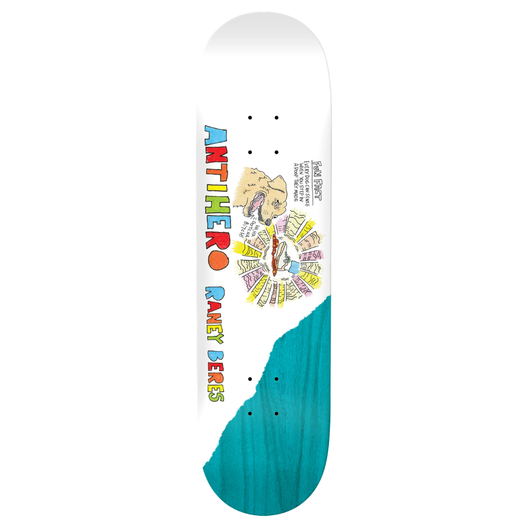A single skateboard deck shown vertically on a plain white background. The deck is white at the top with a colorful printed graphic featuring the text 'ANTHERO PARTY BERSERK' and a multicolored illustrated design, plus a large teal wave-like shape across the lower portion.
