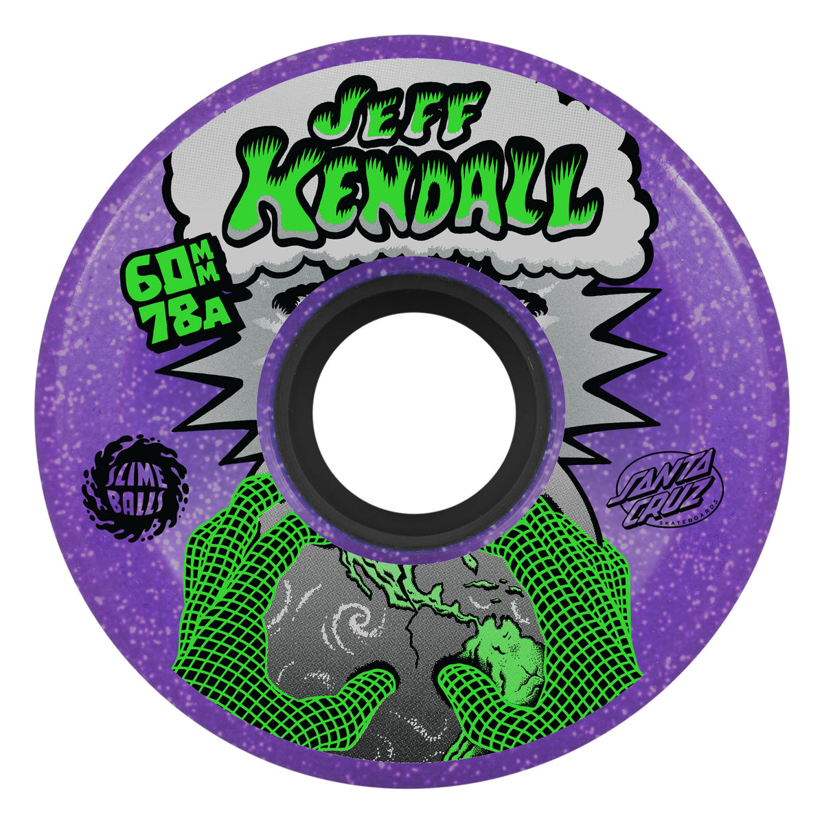 Skateboard wheel with Jeff Kendall branding on a purple background
