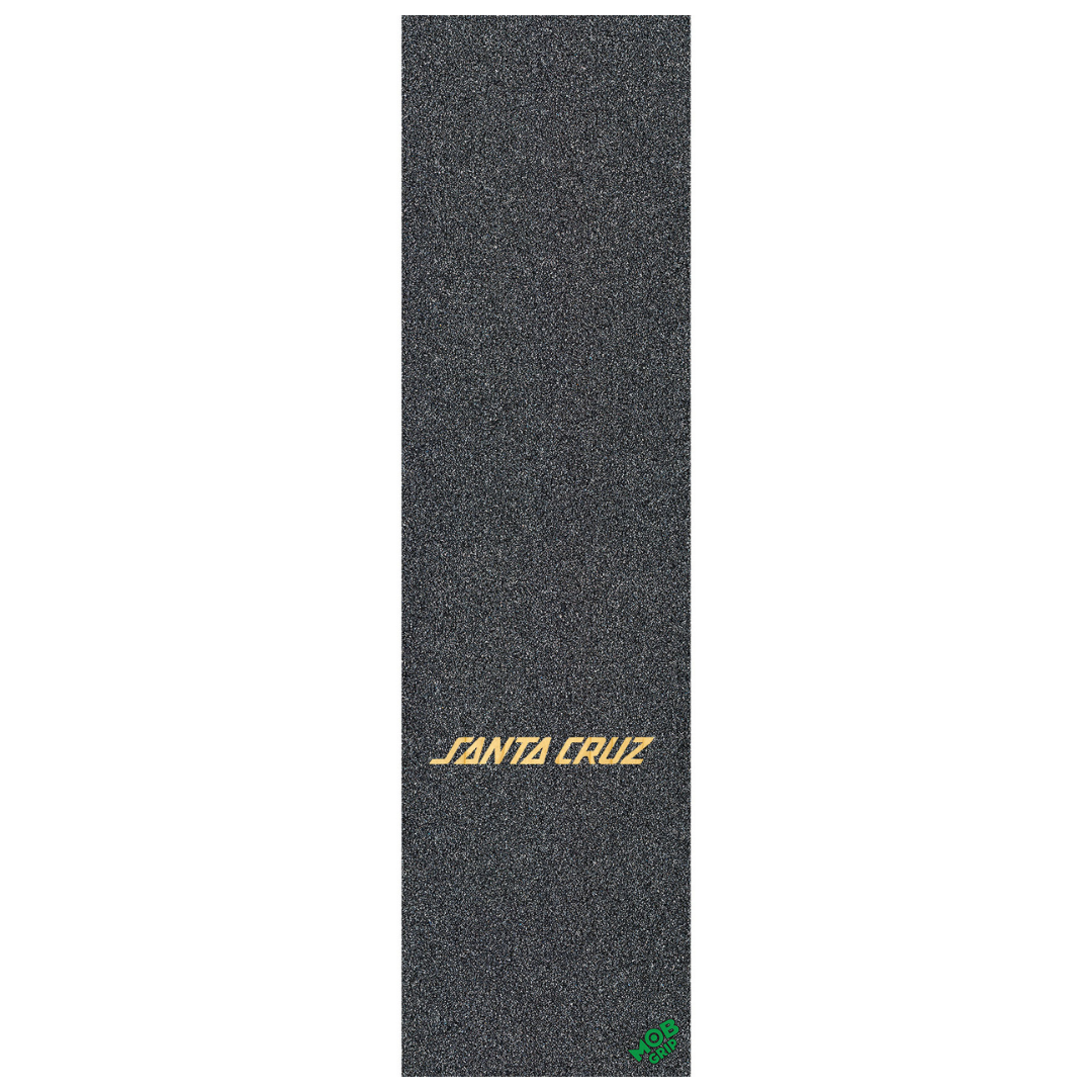 A vertical black grip tape strip with a textured granular surface, featuring the text 'SANTA CRUZ' in gold near the center and a small green logo in the bottom right corner, set against a plain white background.