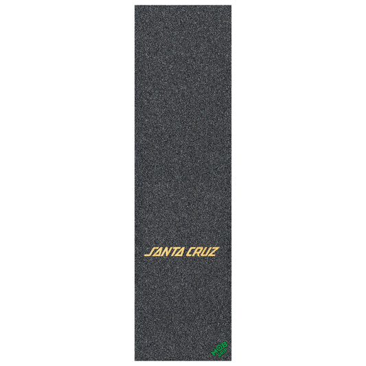 A vertical black grip tape strip with a textured granular surface, featuring the text 'SANTA CRUZ' in gold near the center and a small green logo in the bottom right corner, set against a plain white background.