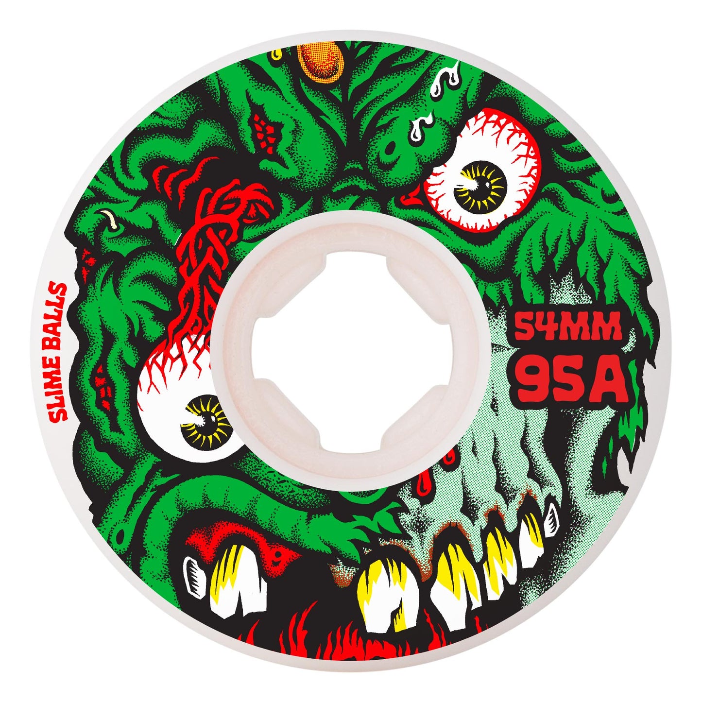 Skateboard wheel with green and red design on a white background