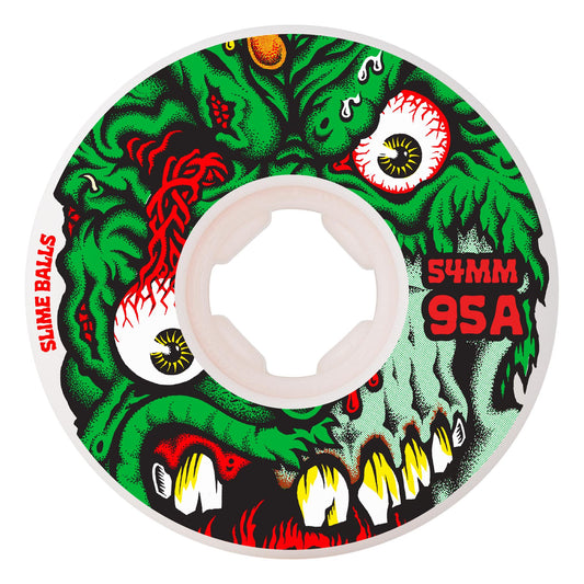 Skateboard wheel with green and red design on a white background