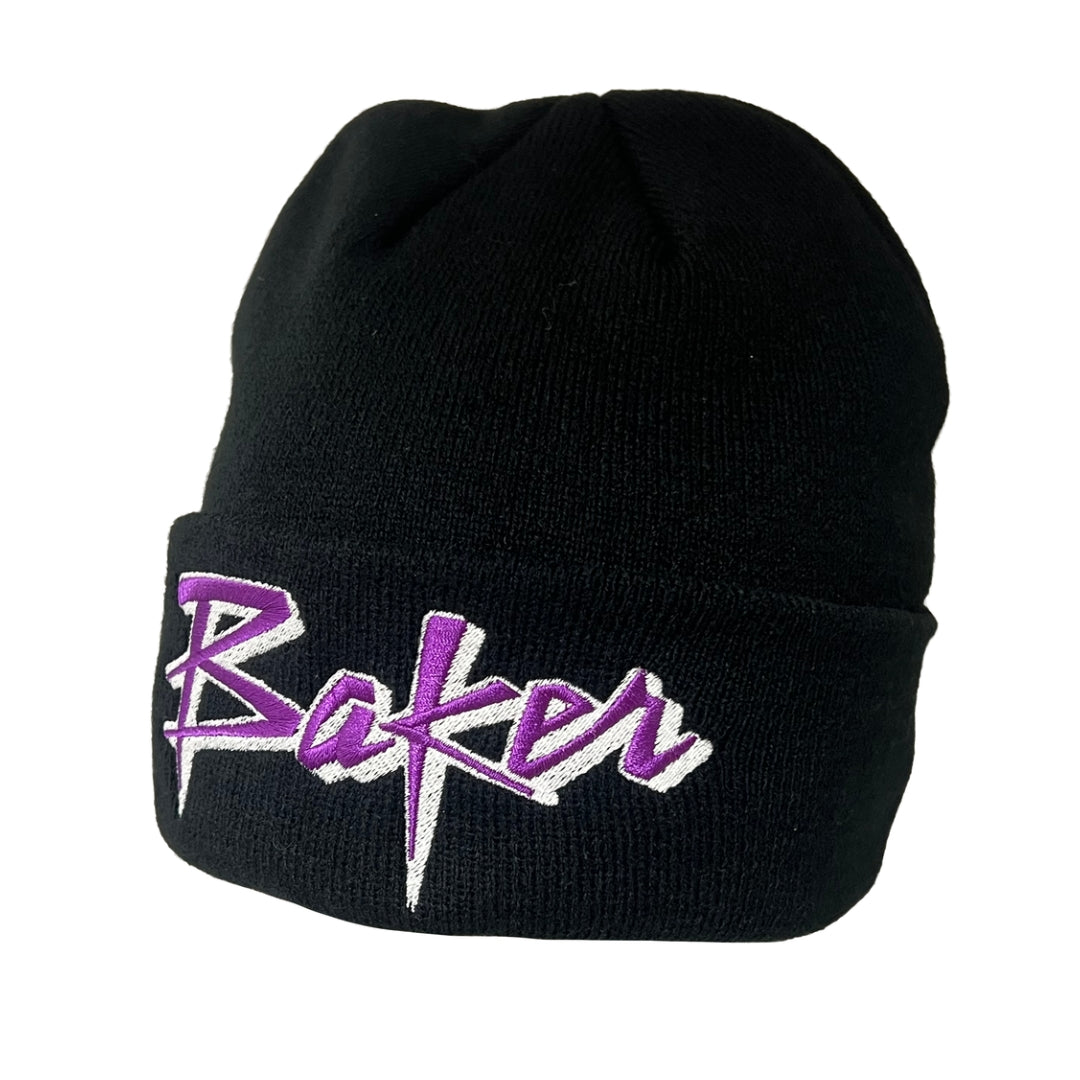 Black beanie with 'Baker' logo in purple and white on a white background