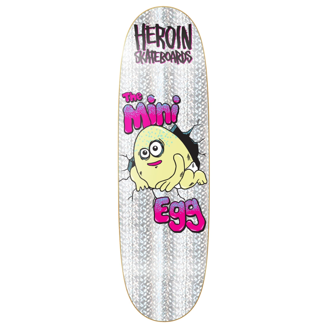 Skateboard deck with cartoon character and 'Heroin Skateboards' branding on a white background