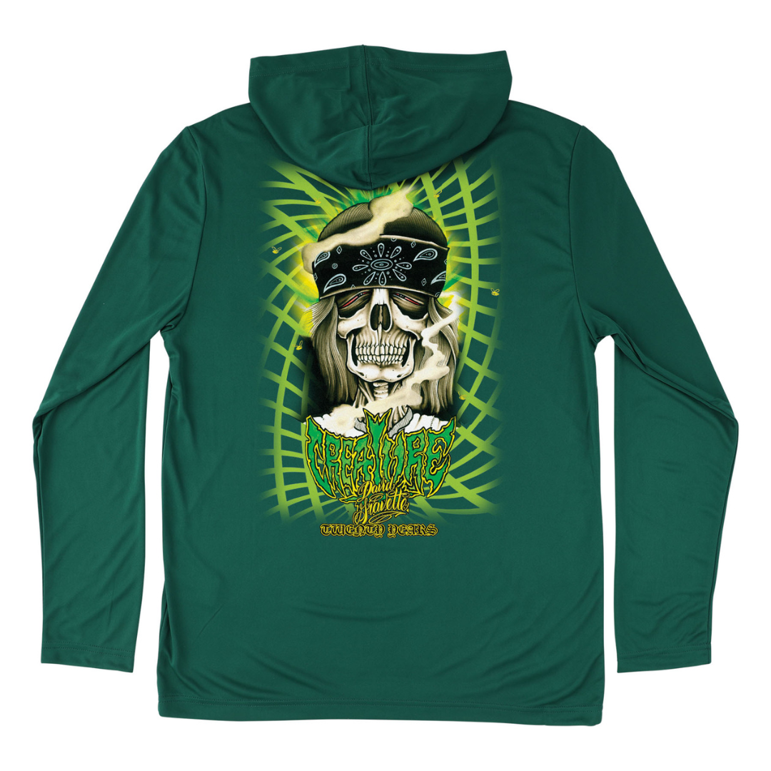 Green hoodie with a skull graphic on the back against a white background
