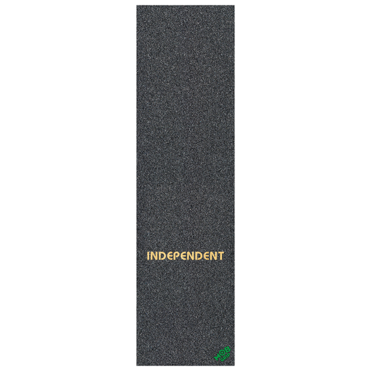 A vertical rectangular grip tape sample with a dark gray textured surface, featuring the word 'INDEPENDENT' in gold near the center and a small green logo in the bottom right corner, isolated on a white background.