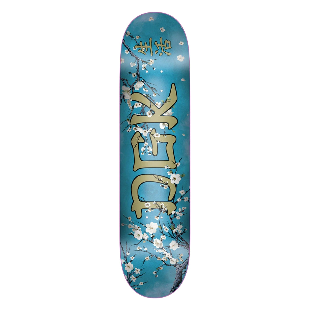 Skateboard deck with floral design and 'DEK' branding on a blue background