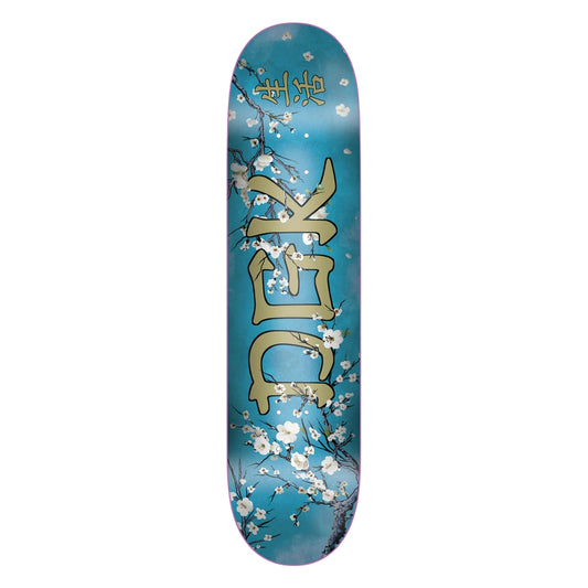 Skateboard deck with floral design and 'DEK' branding on a blue background