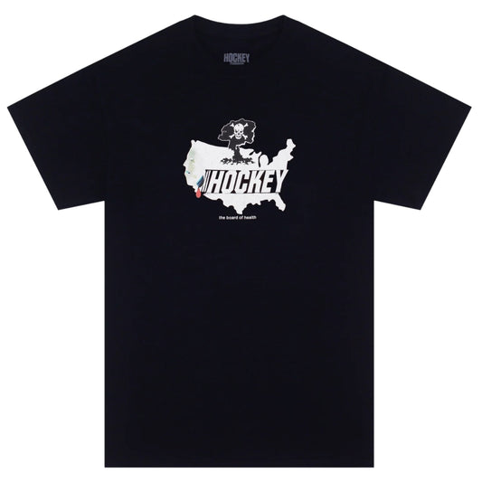 Black t-shirt with a graphic design on a white background