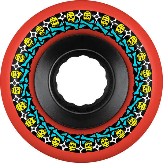 Skateboard wheel with red rim, black center, and colorful skull and bone pattern.