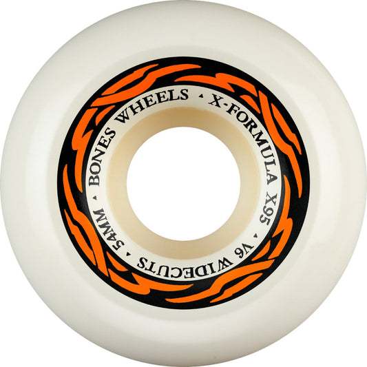 White skateboard wheel with orange and black text on a white background