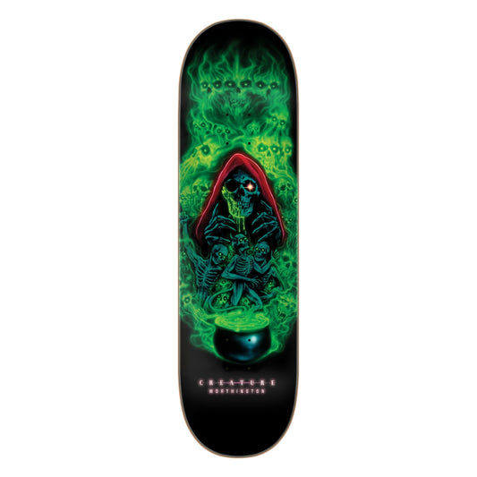 Skateboard deck with a green and black design featuring a hooded figure and text on a white background.