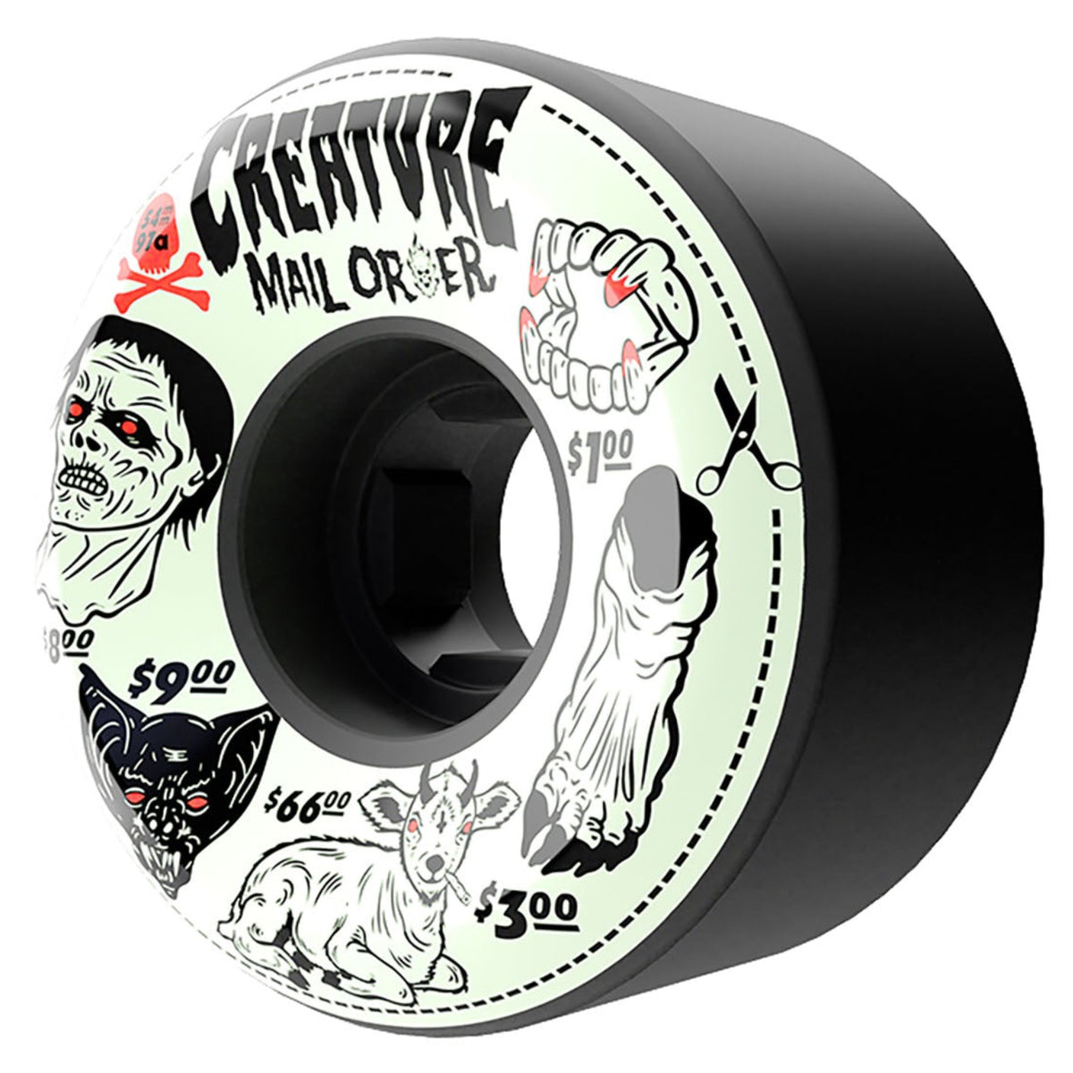 A single skateboard wheel with a black outer barrel and a white printed face featuring gothic illustrations, text reading 'CREATURE MAIN ORDER,' and small red accents, shown on a plain white background.