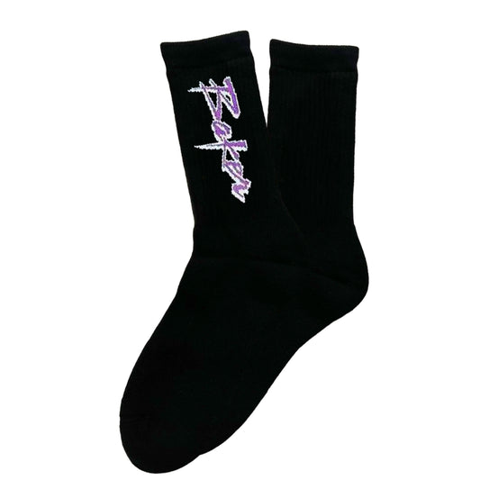 Black socks with a purple logo on a white background