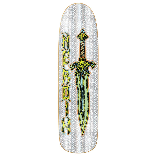 Skateboard deck with a sword design and 'Buckler' branding on a white background