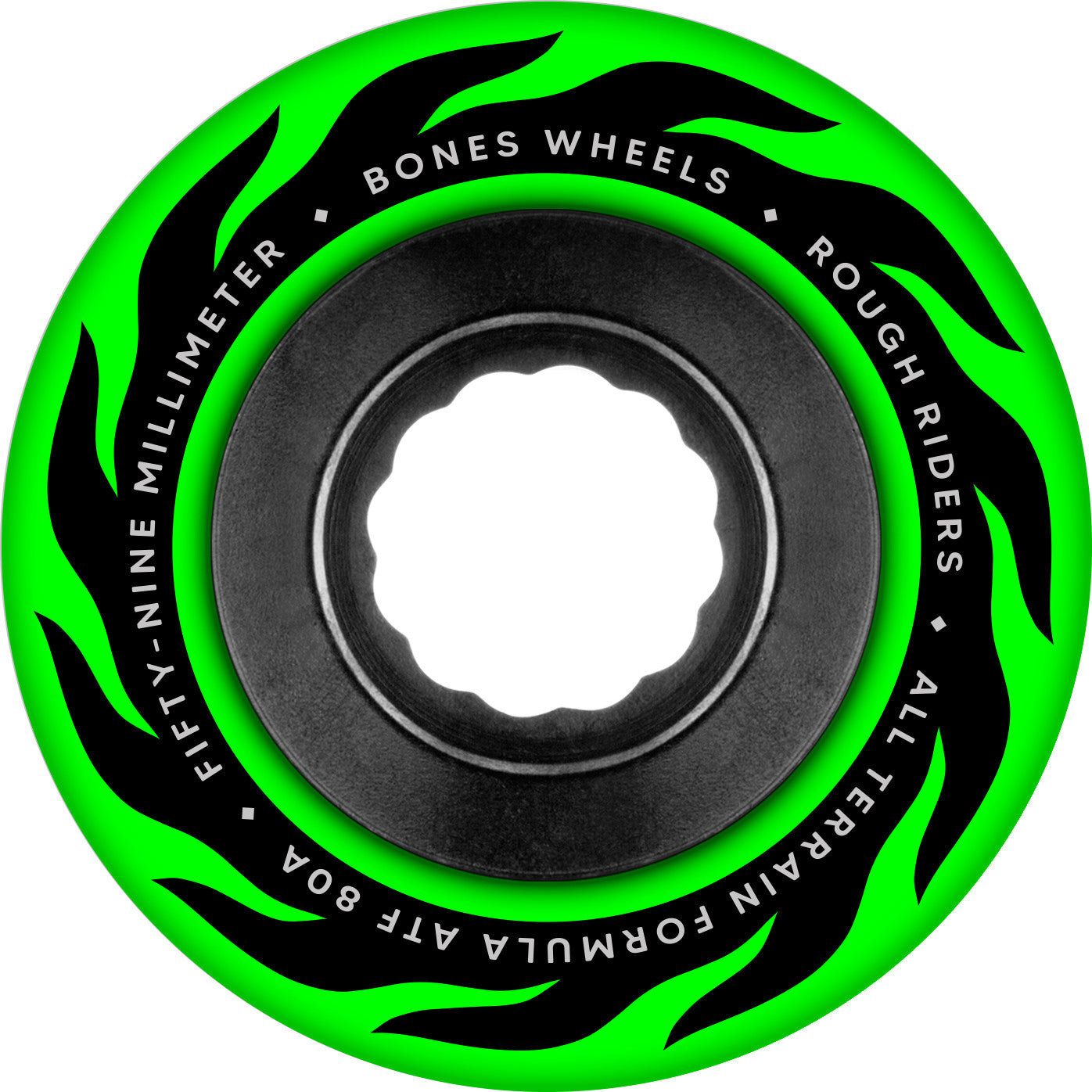 Green and black wheel with 'Bones Wheels' branding on a white background