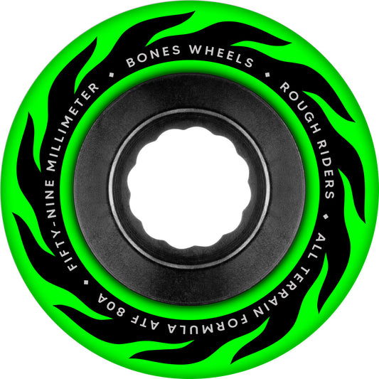 Green and black wheel with 'Bones Wheels' branding on a white background