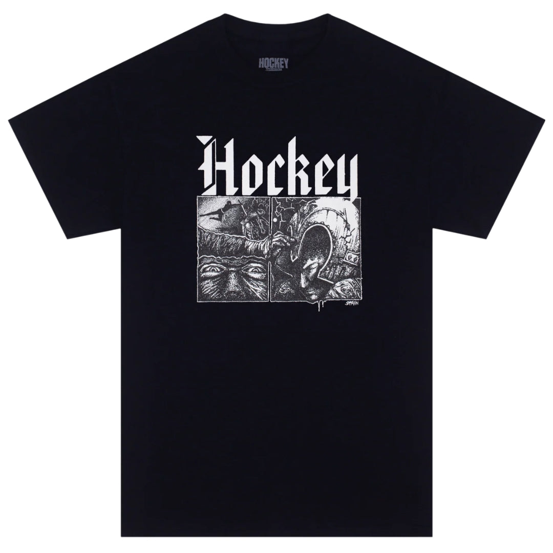 Black t-shirt with 'Hockey' logo and graphic design on a white background