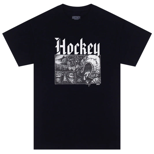 Black t-shirt with 'Hockey' logo and graphic design on a white background