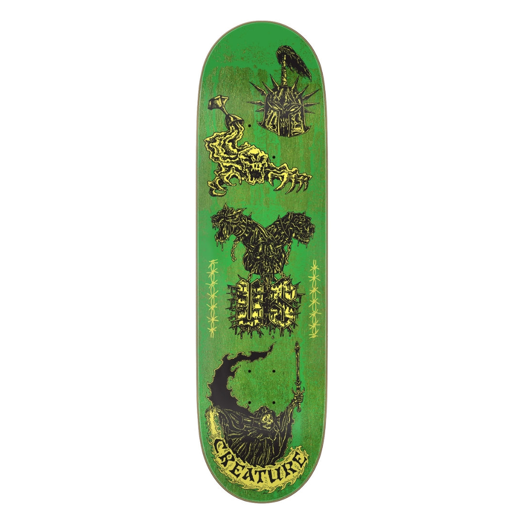 Green skateboard deck with black and gold graphics on a white background