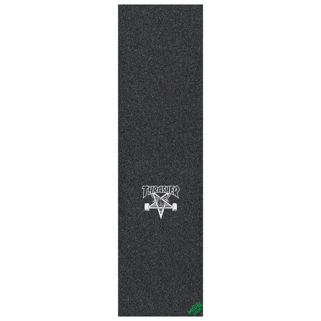 A vertical black grip tape sleeve with a white outlined Thrasher logo in the center and a small green graphic in the bottom right corner, shown against a plain white background.