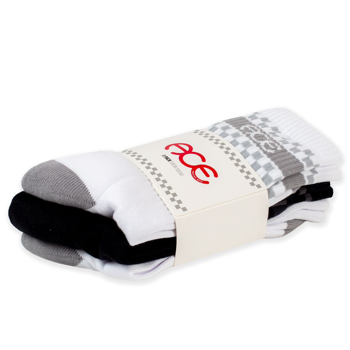 A three-pack of folded crew socks in white, black, and gray, wrapped in a paper band with the brand logo 'ACE' and 'FASHION' printed on it, set against a plain white background.