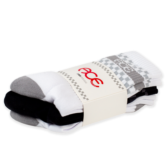 A three-pack of folded crew socks in white, black, and gray, wrapped in a paper band with the brand logo 'ACE' and 'FASHION' printed on it, set against a plain white background.