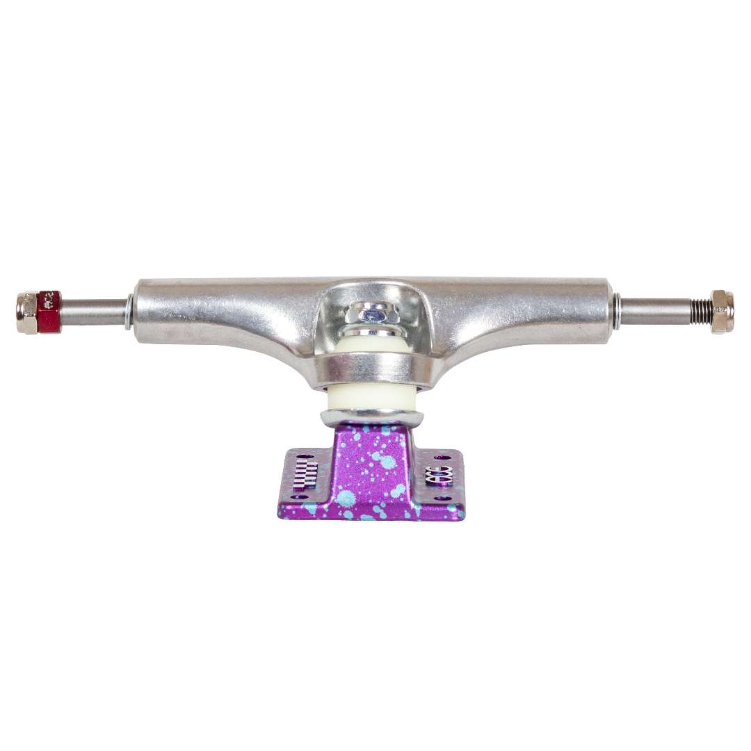 A skateboard truck assembly with a silver metallic H-beam, featuring a purple and white speckled plate on the bushing and red and silver end caps on the axle shafts, shown against a plain white background.