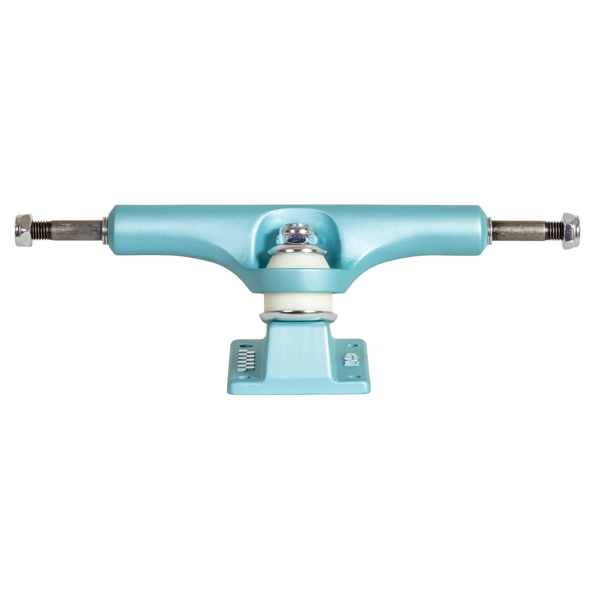 A single skateboard truck with a metallic light blue/turquoise finish, featuring silver metal bushings and a white polyurethane bushing, isolated on a white background.