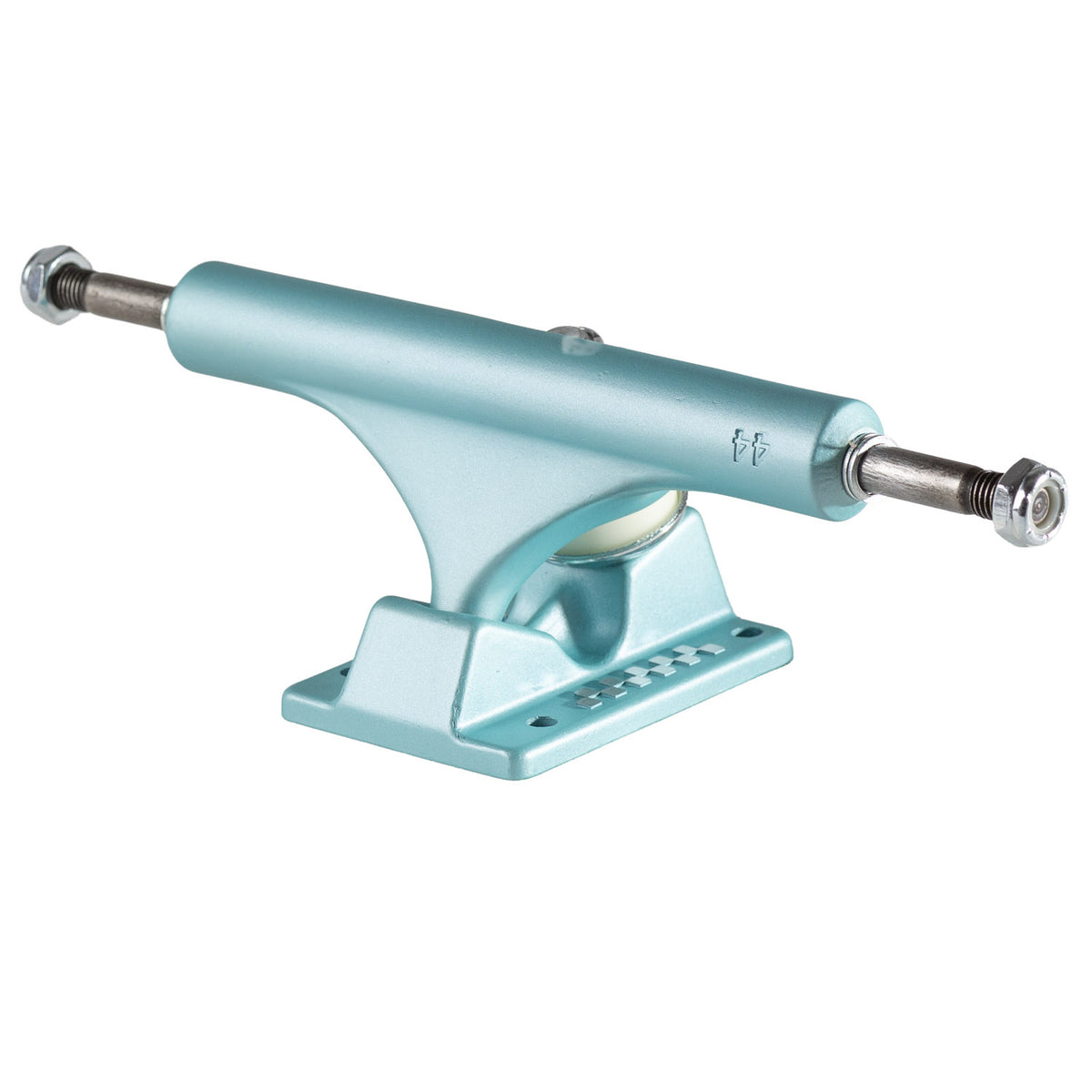 A mint green skateboard truck with silver hardware, shown from a side profile on a solid white background.