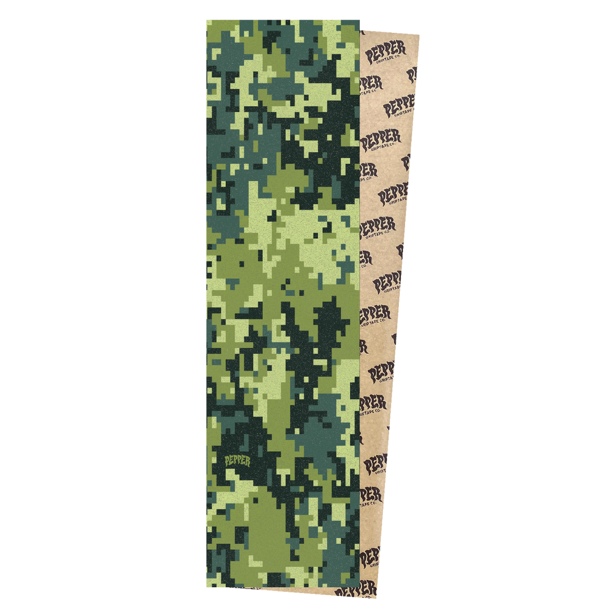 A roll of camouflage-patterned tape, partially unrolled to show both sides. The front side features a green digital camouflage pattern, while the back side is beige with a repeating black 'PEYPER' logo print.