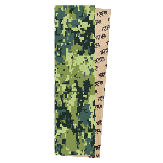 A roll of camouflage-patterned tape, partially unrolled to show both sides. The front side features a green digital camouflage pattern, while the back side is beige with a repeating black 'PEYPER' logo print.
