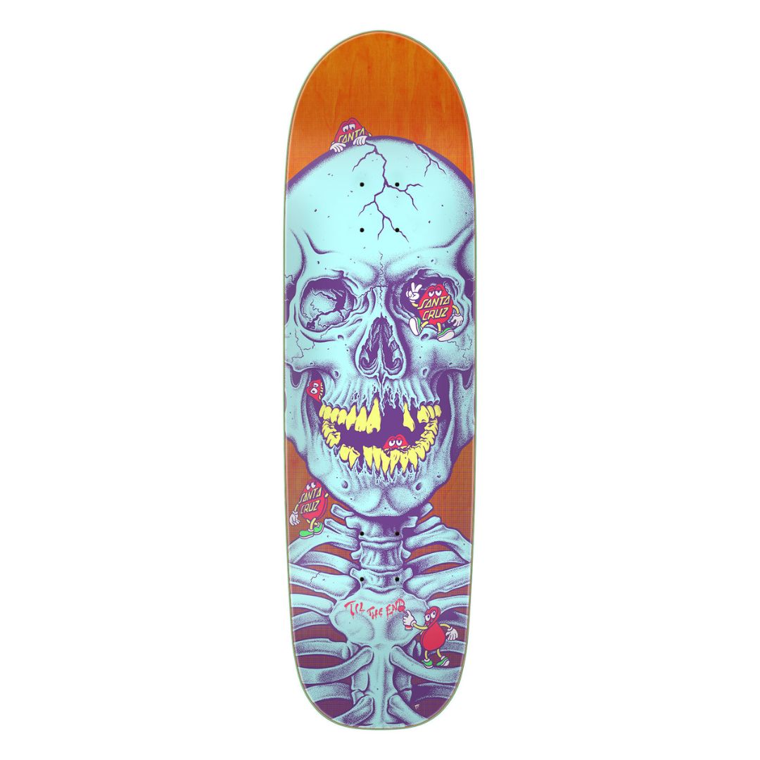 Skateboard deck with a colorful skeleton design on a white background