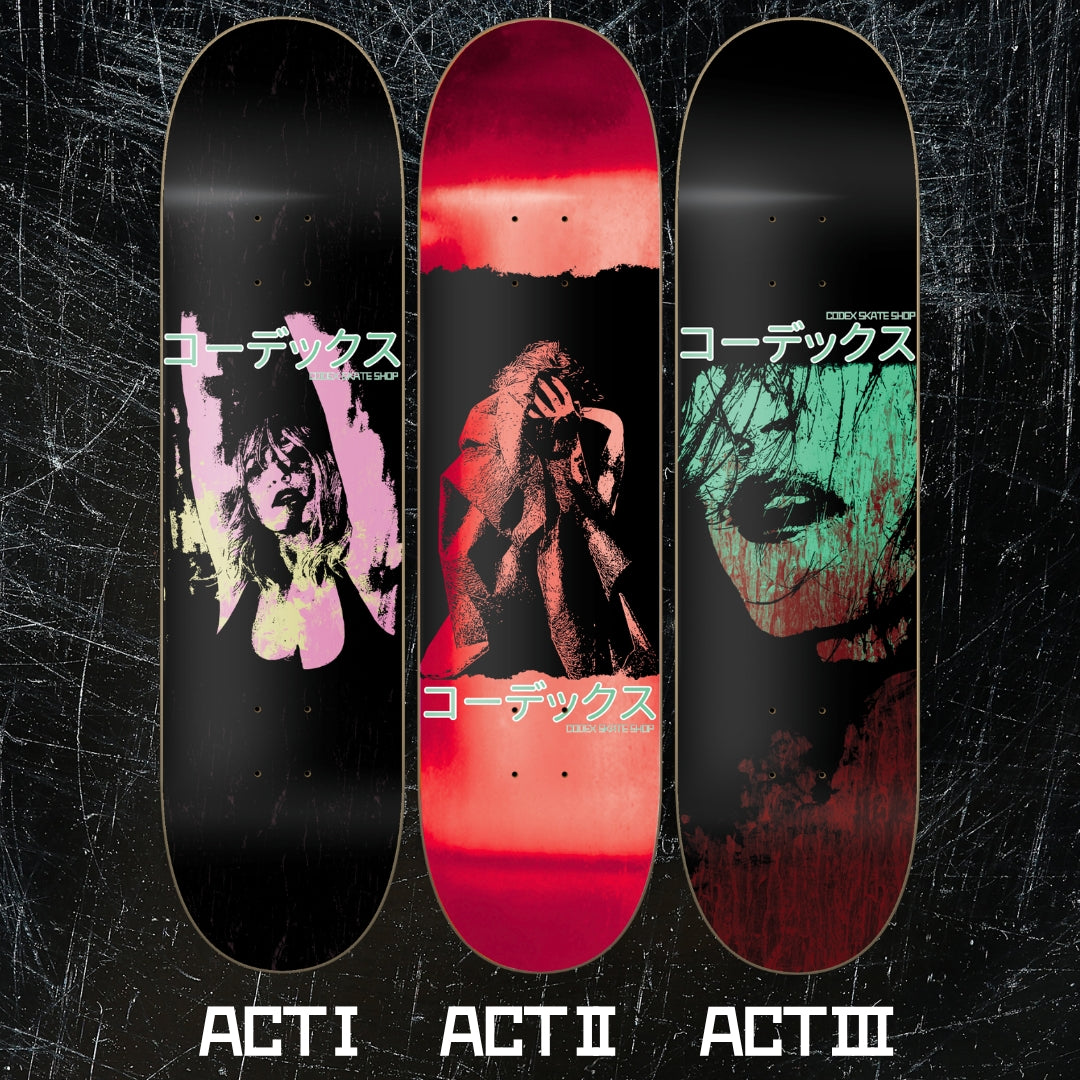 Three skateboard decks labeled ACT I, ACT II, and ACT III with artistic designs on a textured black background.