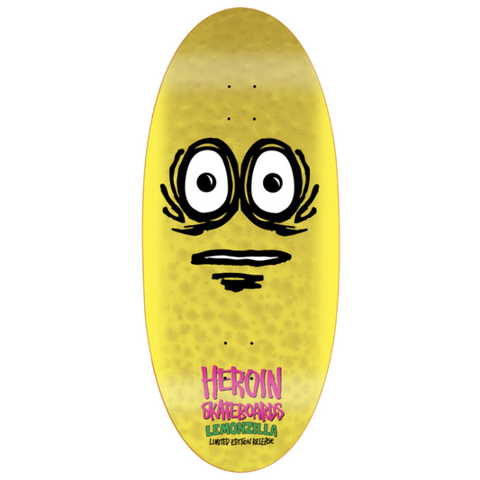 Yellow skateboard deck with a face design and 'Heroin Skateboards' branding on a white background