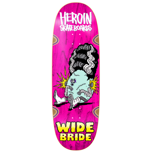 Skateboard deck with cartoon character and 'Heroin Skateboards' branding on a pink background