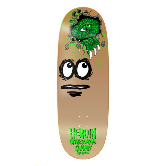 Skateboard deck with a face design and 'Heroin' branding on a beige background