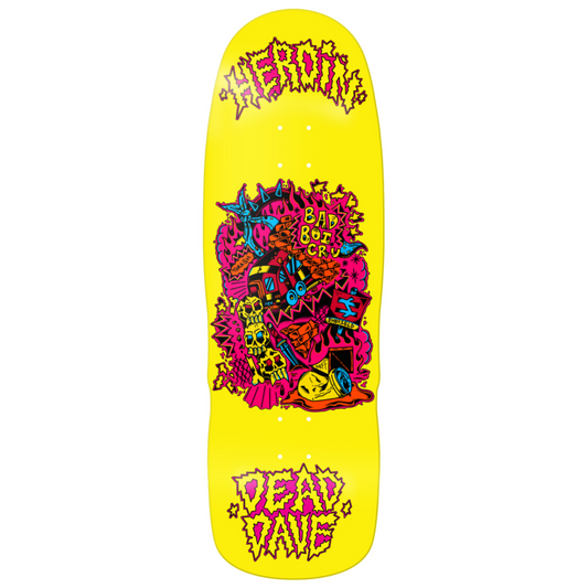 Skateboard deck with colorful graphics and text on a yellow background