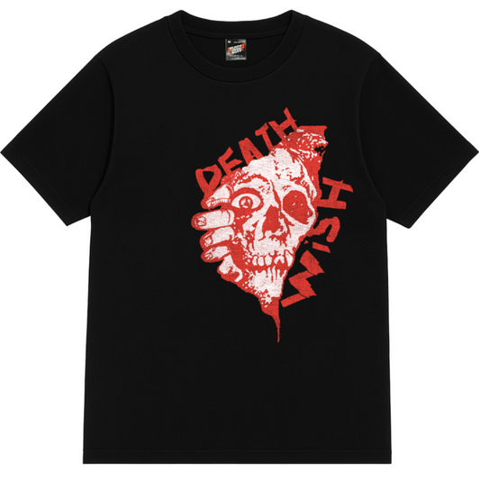 Black t-shirt with red and white graphic design on a white background