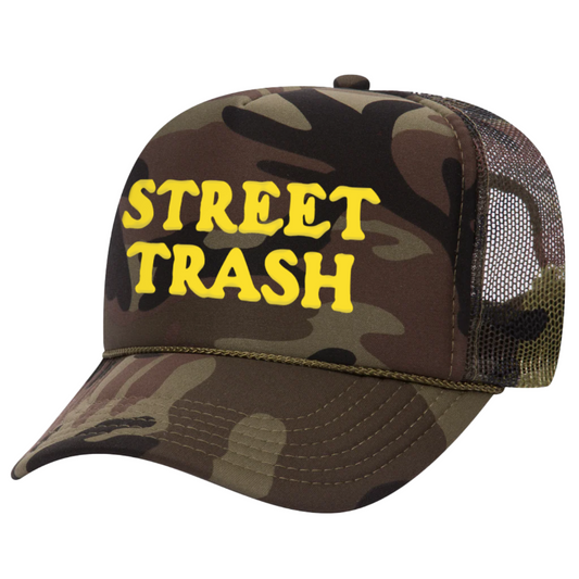 Camouflage cap with 'STREET TRASH' in yellow on a white background